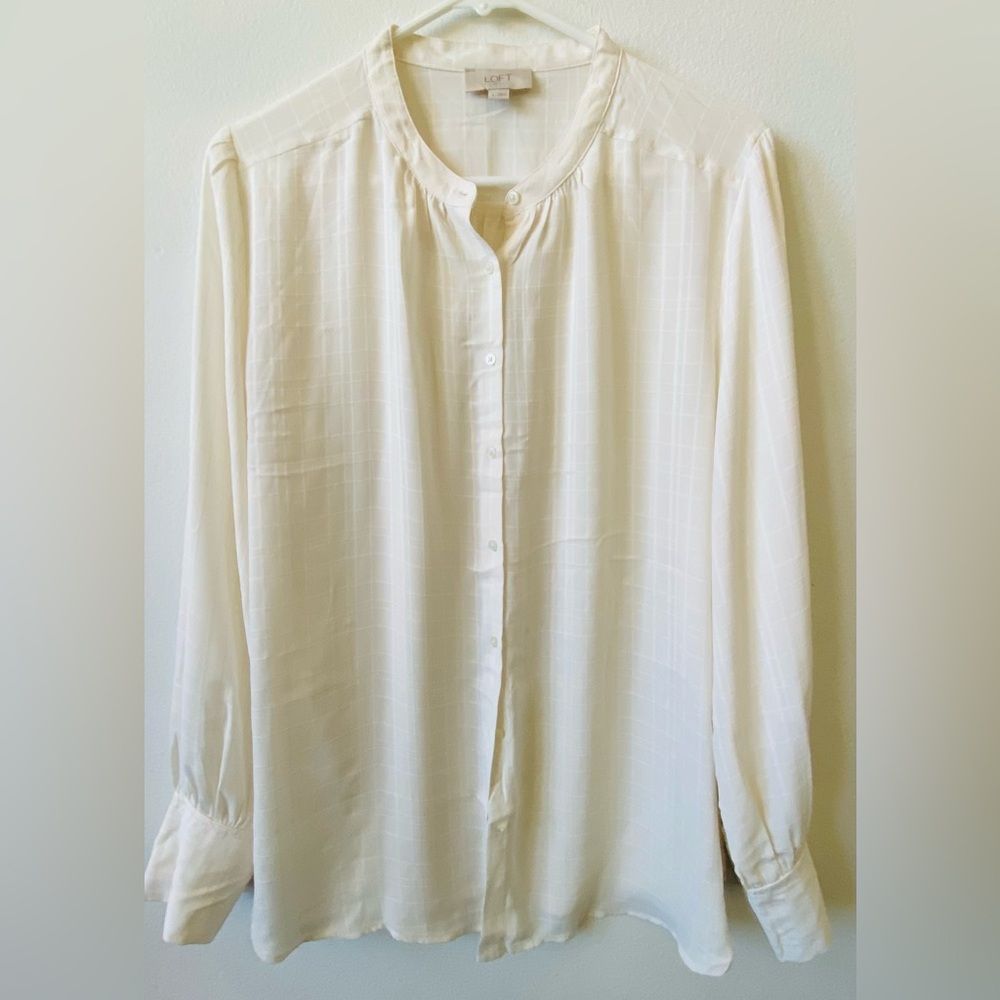 LOFT off-white textured grid button-down blouse is a semi-sheer top L